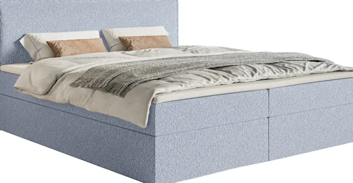 Łóżko kontynentalne 180x200 cm Softie z pojemnikami i topperem błękitne szenil