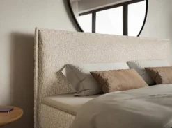 Łóżko kontynentalne 180x200 cm Softie z pojemnikami i topperem jasnobeżowe szenil