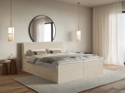 Łóżko kontynentalne 180x200 cm Softie z pojemnikami i topperem jasnobeżowe szenil