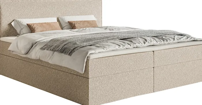Łóżko kontynentalne 180x200 cm Softie z pojemnikami i topperem jasnobeżowe szenil