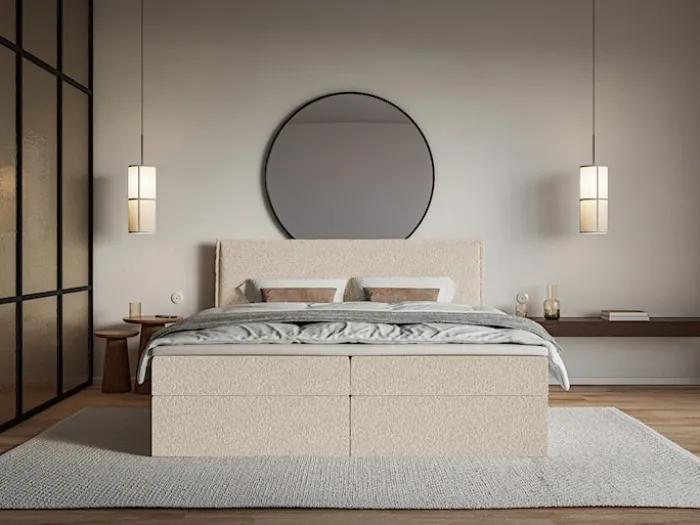 Łóżko kontynentalne 180x200 cm Softie z pojemnikami i topperem jasnobeżowe szenil
