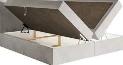 Łóżko kontynentalne 140x200 cm Softie z pojemnikami i topperem jasnoszare welur hydrofobowy