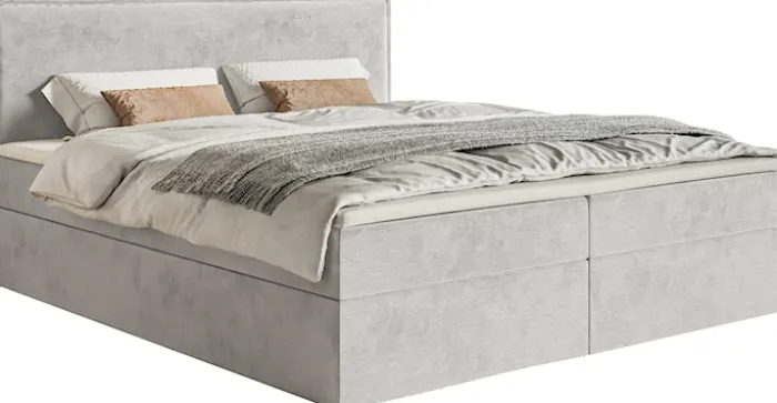 Łóżko kontynentalne 140x200 cm Softie z pojemnikami i topperem jasnoszare welur hydrofobowy