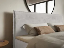 Łóżko kontynentalne 140x200 cm Softie z pojemnikami i topperem jasnoszare welur hydrofobowy