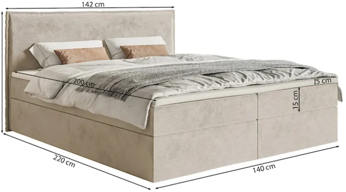 Łóżko kontynentalne 140x200 cm Softie z pojemnikami i topperem jasnoszare welur hydrofobowy