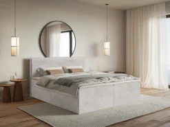 Łóżko kontynentalne 140x200 cm Softie z pojemnikami i topperem jasnoszare welur hydrofobowy