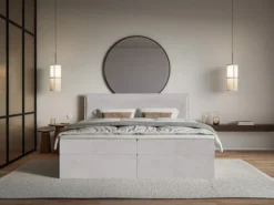 Łóżko kontynentalne 140x200 cm Softie z pojemnikami i topperem jasnoszare welur hydrofobowy