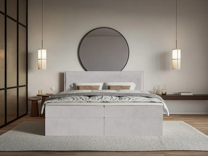 Łóżko kontynentalne 140x200 cm Softie z pojemnikami i topperem jasnoszare welur hydrofobowy