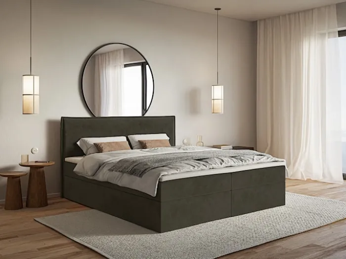 Łóżko kontynentalne 140x200 cm Softie z pojemnikami i topperem ciemnozielone welur hydrofobowy