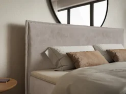 Łóżko kontynentalne 140x200 cm Softie z pojemnikami i topperem szarobrązowe welur hydrofobowy