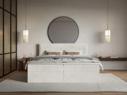 Łóżko kontynentalne 140x200 cm Softie z pojemnikami i topperem szarobeżowe welur hydrofobowy