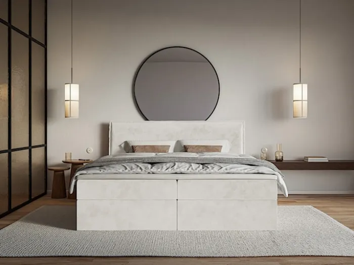Łóżko kontynentalne 140x200 cm Softie z pojemnikami i topperem szarobeżowe welur hydrofobowy