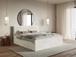 Łóżko kontynentalne 140x200 cm Softie z pojemnikami i topperem szarobeżowe welur hydrofobowy