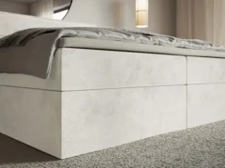 Łóżko kontynentalne 140x200 cm Softie z pojemnikami i topperem szarobeżowe welur hydrofobowy