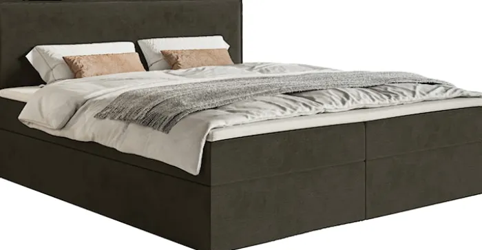 Łóżko kontynentalne 160x200 cm Softie z pojemnikami i topperem ciemnozielone welur hydrofobowy