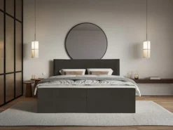 Łóżko kontynentalne 160x200 cm Softie z pojemnikami i topperem ciemnozielone welur hydrofobowy