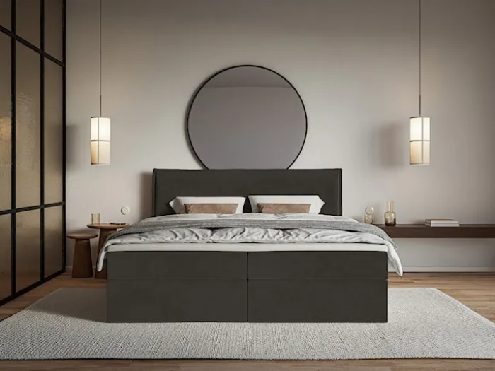 Łóżko kontynentalne 160x200 cm Softie z pojemnikami i topperem ciemnozielone welur hydrofobowy