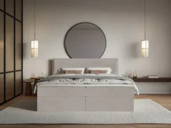 Łóżko kontynentalne 160x200 cm Softie z pojemnikami i topperem szarobrązowe welur hydrofobowy