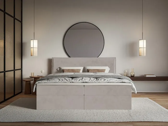 Łóżko kontynentalne 160x200 cm Softie z pojemnikami i topperem szarobrązowe welur hydrofobowy