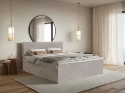 Łóżko kontynentalne 160x200 cm Softie z pojemnikami i topperem szarobrązowe welur hydrofobowy