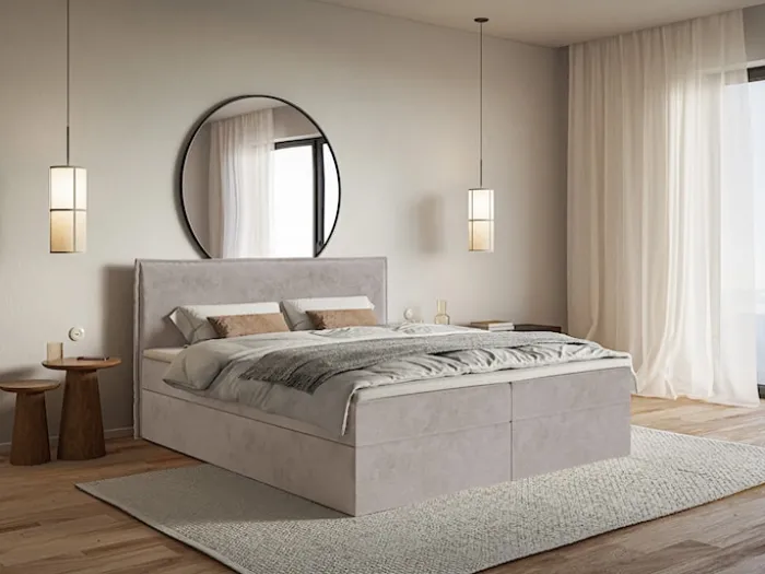 Łóżko kontynentalne 160x200 cm Softie z pojemnikami i topperem szarobrązowe welur hydrofobowy