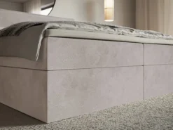 Łóżko kontynentalne 160x200 cm Softie z pojemnikami i topperem szarobrązowe welur hydrofobowy