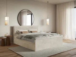 Łóżko kontynentalne 160x200 cm Softie z pojemnikami i topperem beżowe welur hydrofobowy