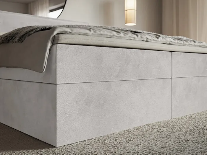 Łóżko kontynentalne 180x200 cm Softie z pojemnikami i topperem jasnoszare welur hydrofobowy