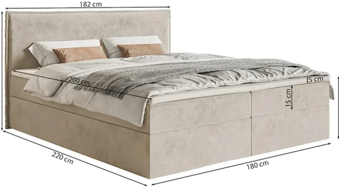 Łóżko kontynentalne 180x200 cm Softie z pojemnikami i topperem szarobrązowe welur hydrofobowy