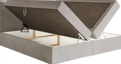 Łóżko kontynentalne 180x200 cm Softie z pojemnikami i topperem szarobrązowe welur hydrofobowy