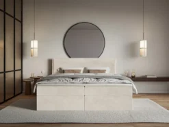 Łóżko kontynentalne 180x200 cm Softie z pojemnikami i topperem beżowe welur hydrofobowy