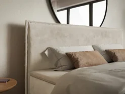 Łóżko kontynentalne 180x200 cm Softie z pojemnikami i topperem beżowe welur hydrofobowy