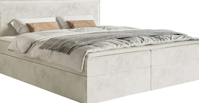 Łóżko kontynentalne 180x200 cm Softie z pojemnikami i topperem szarobeżowe welur hydrofobowy