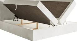 Łóżko kontynentalne 180x200 cm Softie z pojemnikami i topperem szarobeżowe welur hydrofobowy