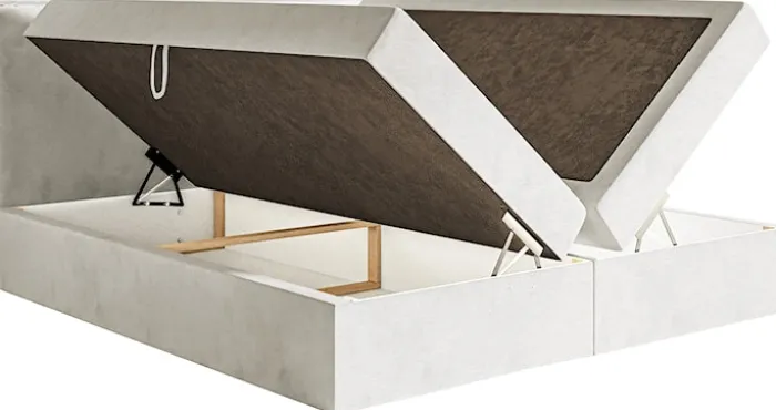 Łóżko kontynentalne 180x200 cm Softie z pojemnikami i topperem szarobeżowe welur hydrofobowy