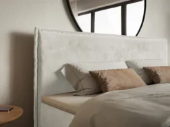 Łóżko kontynentalne 180x200 cm Softie z pojemnikami i topperem szarobeżowe welur hydrofobowy