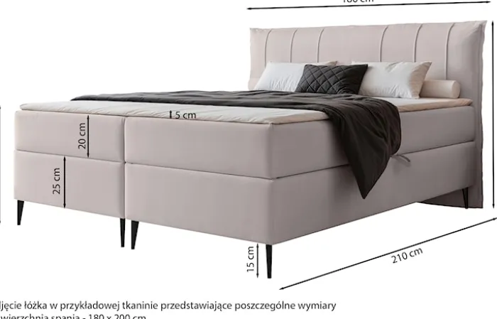 Łóżko kontynentalne 180x200 cm Suzi z materacem bonellowym i topperem jasnoszare welur hydrofobowy