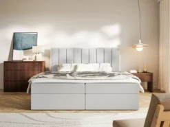 Łóżko kontynentalne 140x200 cm Togents z pojemnikami i topperem jasnoszare welur hydrofobowy