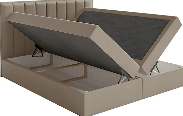 Łóżko kontynentalne 140x200 cm Togents z pojemnikami i topperem brązowe welur hydrofobowy