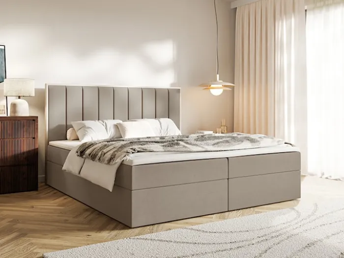 Łóżko kontynentalne 140x200 cm Togents z pojemnikami i topperem brązowe welur hydrofobowy