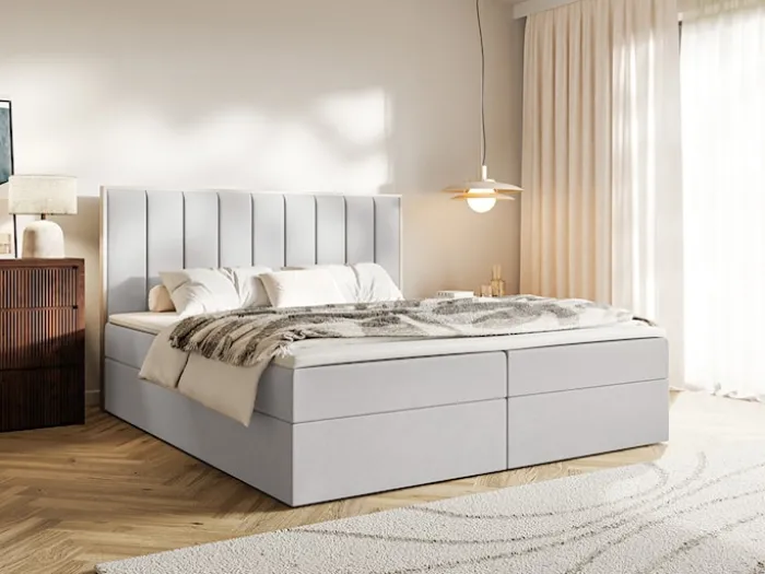 Łóżko kontynentalne 160x200 cm Togents z pojemnikami i topperem jasnoszare welur hydrofobowy