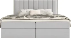 Łóżko kontynentalne 160x200 cm Togents z pojemnikami i topperem jasnoszare welur hydrofobowy