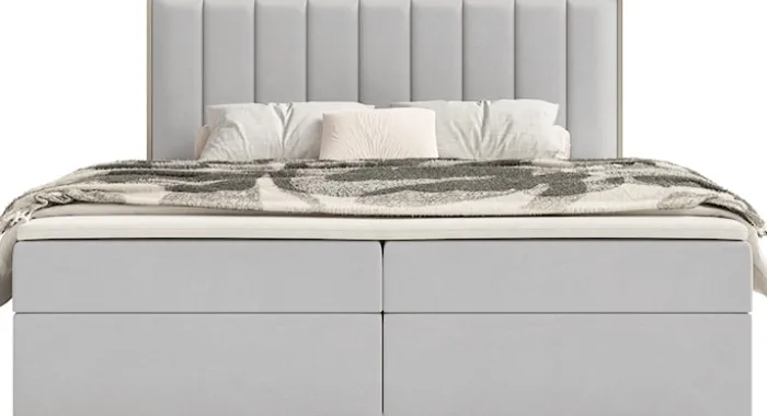 Łóżko kontynentalne 160x200 cm Togents z pojemnikami i topperem jasnoszare welur hydrofobowy