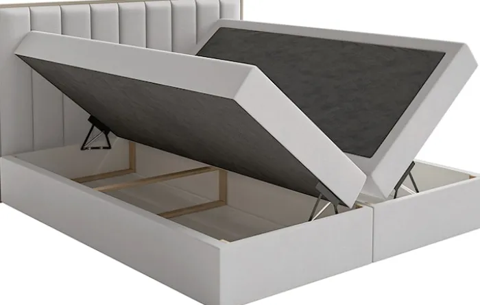 Łóżko kontynentalne 160x200 cm Togents z pojemnikami i topperem jasnoszare welur hydrofobowy