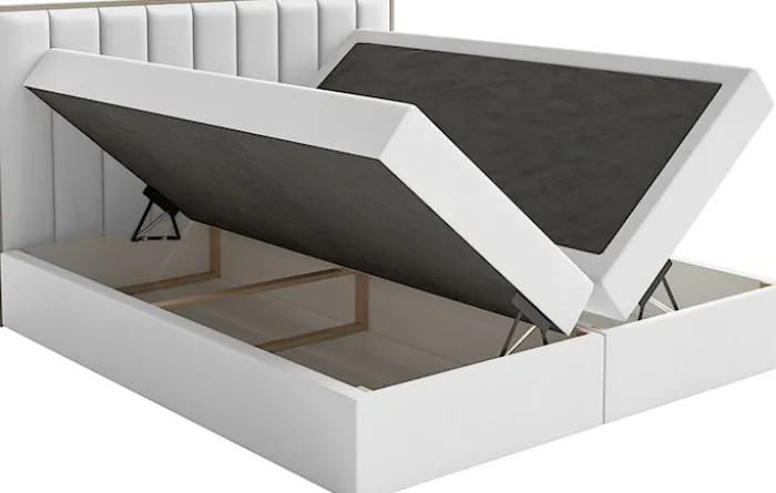 Łóżko kontynentalne 160x200 cm Togents z pojemnikami i topperem białe welur hydrofobowy