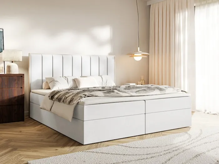 Łóżko kontynentalne 160x200 cm Togents z pojemnikami i topperem białe welur hydrofobowy