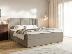Łóżko kontynentalne 180x200 cm Togents z pojemnikami i topperem brązowe welur hydrofobowy