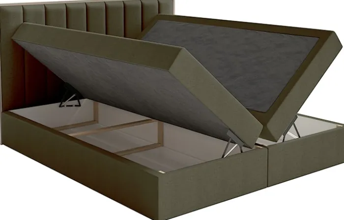 Łóżko kontynentalne 140x200 cm Togents z pojemnikami i topperem ciemnozielone szenil hydrofobowy