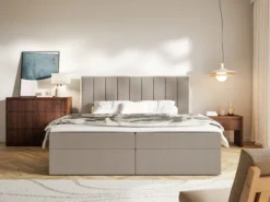 Łóżko kontynentalne 140x200 cm Togents z pojemnikami i topperem brązowe szenil hydrofobowy