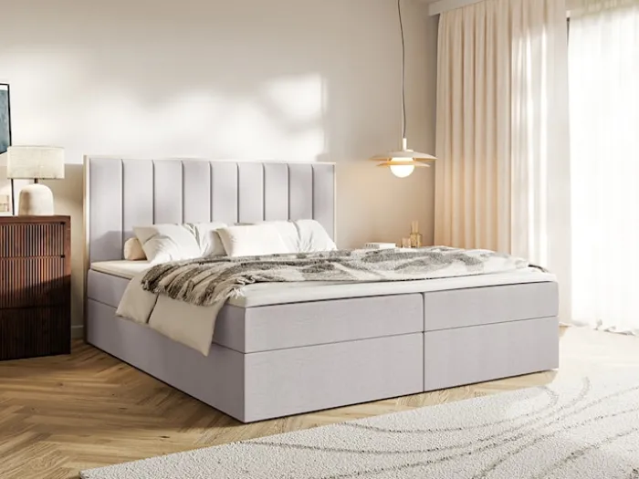 Łóżko kontynentalne 140x200 cm Togents z pojemnikami i topperem szare szenil hydrofobowy